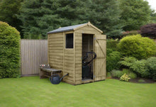 Load image into Gallery viewer, 6x4 wooden garden shed with an apex roof, single door, and one window. Ideal for compact garden storage. Brunswick Turf delivery North East